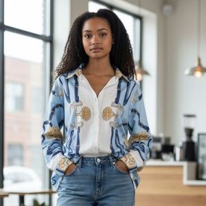 Stylish Blue and White Button-Up Shirt